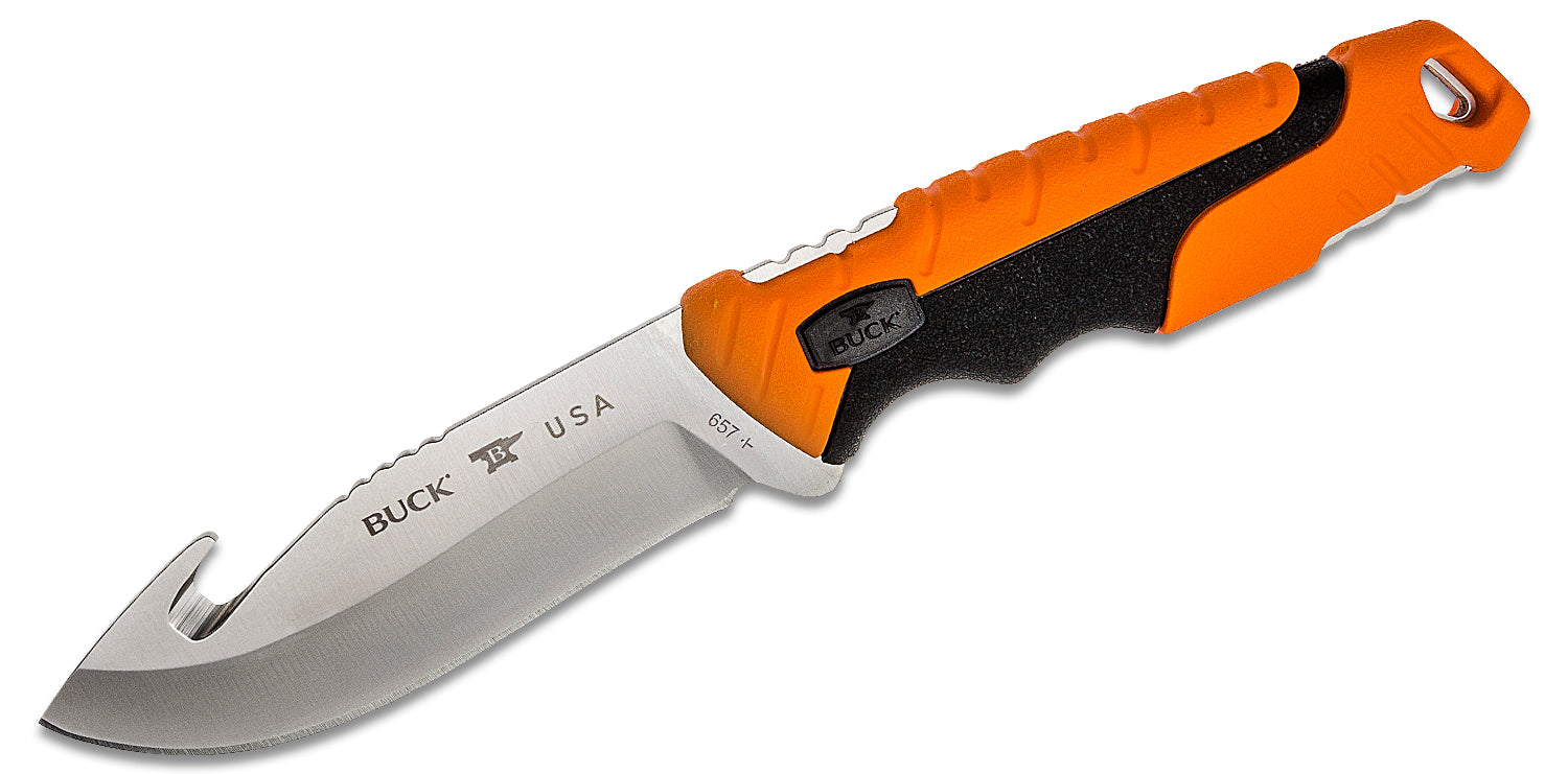Buck 657 Large Pursuit Pro Fixed Blade Knife 4.25" S35VN Stainless Steel Guthook, Orange GRN and Rubber Handles