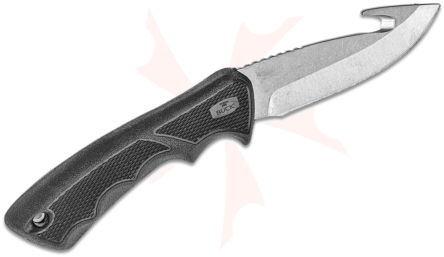 Buck 685 BuckLite MAX II Large Hunting Fixed Knife 4" Stonewashed Blade with Gut Hook, Black Rubberized Handles, Polyester Sheath - 11768